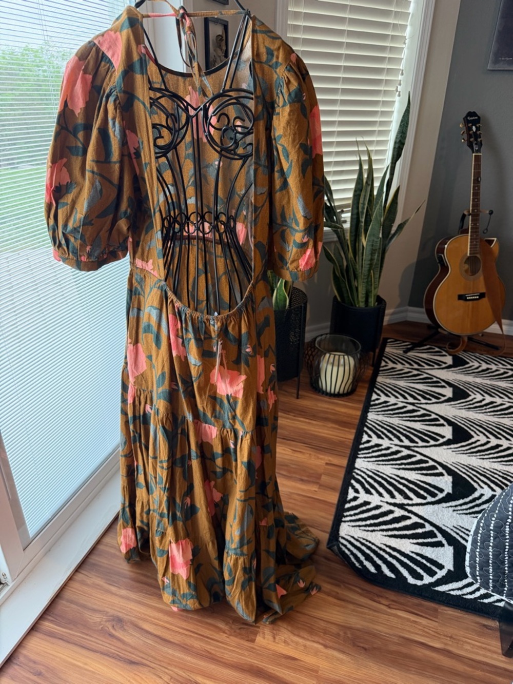 Anthropologie By Conditions Apply Brown Maxi Dress with Pink Floral Print - Picture 3 of 7